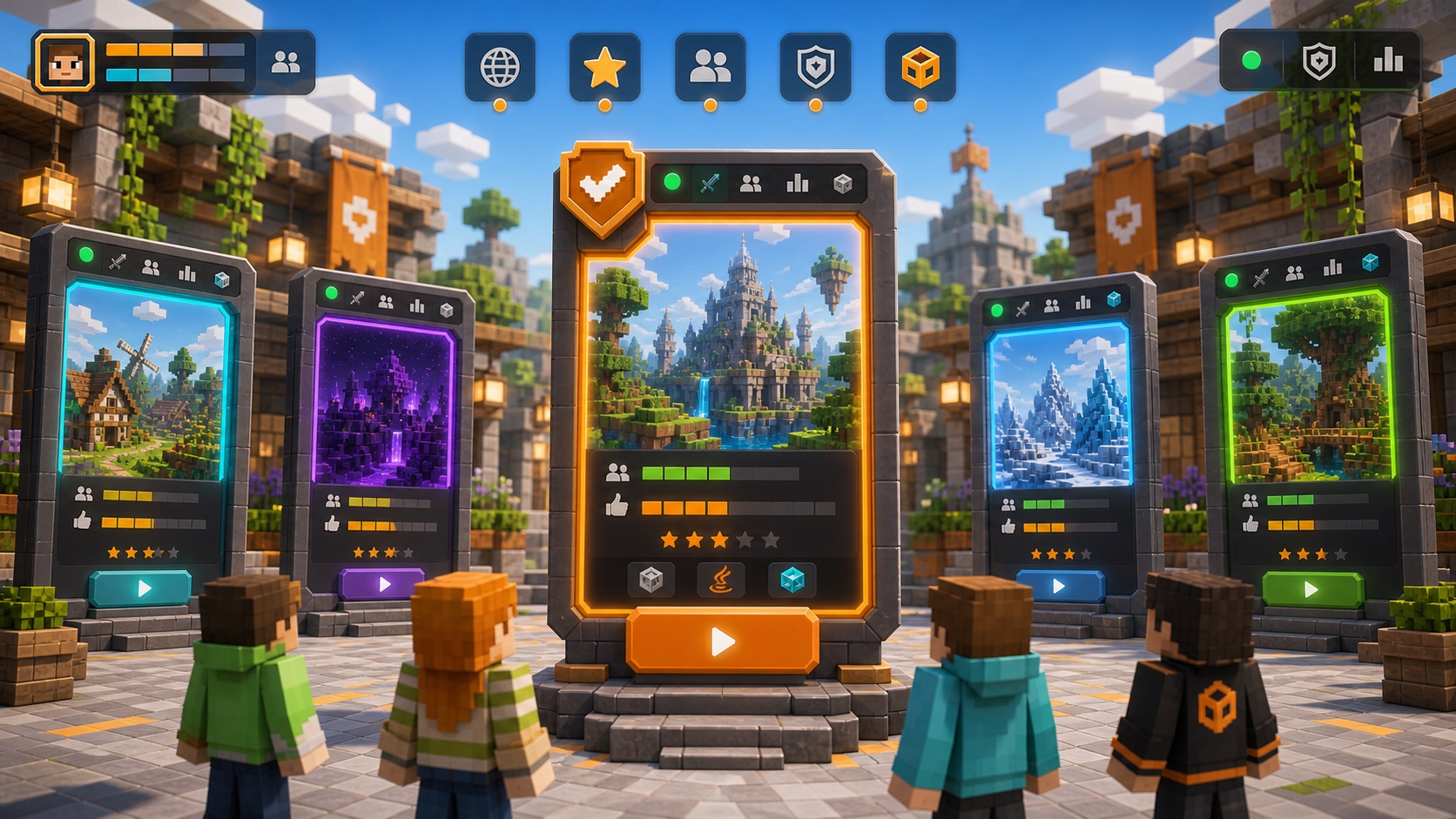 Concept of Minekube Connect Browser in-game with portal-like server entries, status indicators, voting cues, and a selected endpoint join action.