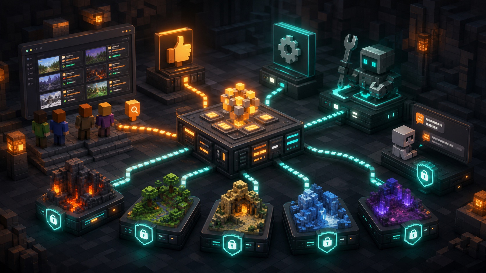 A stylized Minekube roadmap control room connecting server discovery, voting, APIs, MCP tools, and safe in-game agent workflows.